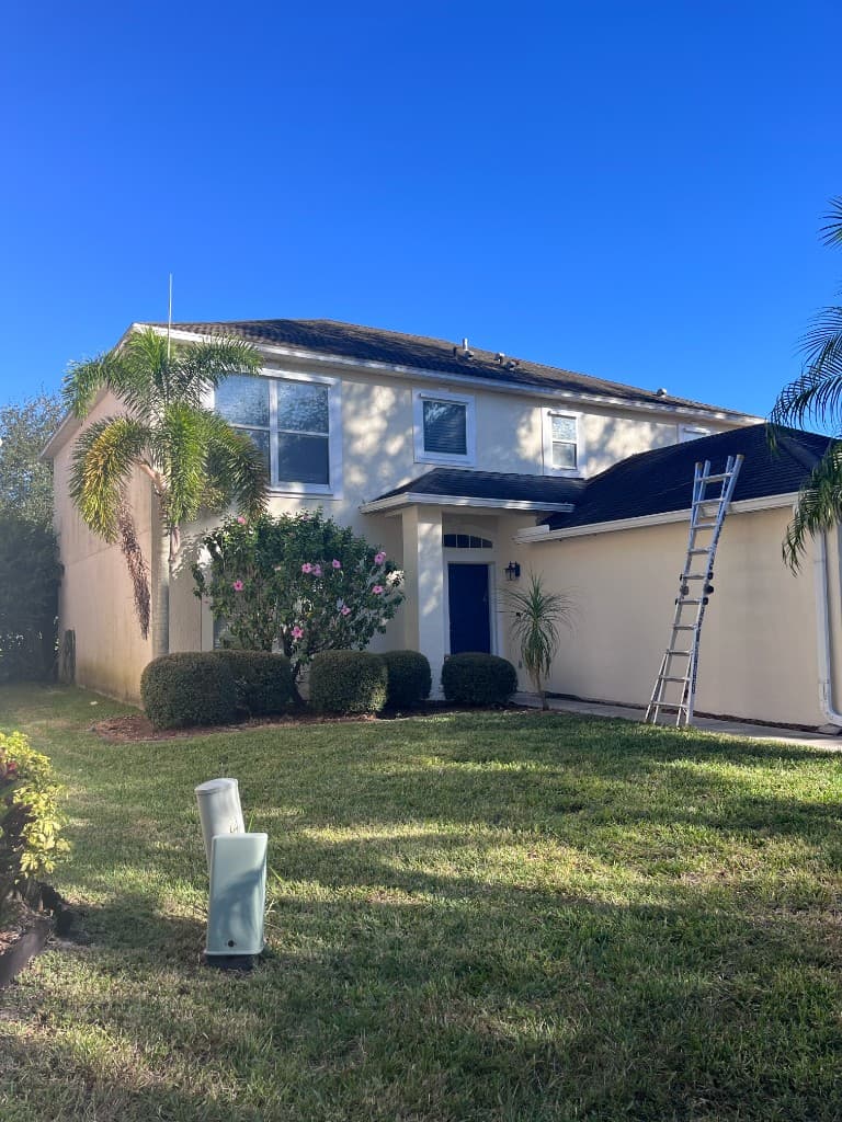 A two-story Florida house with a dark architectural shingle roof, palm trees, and a ladder at the side wall